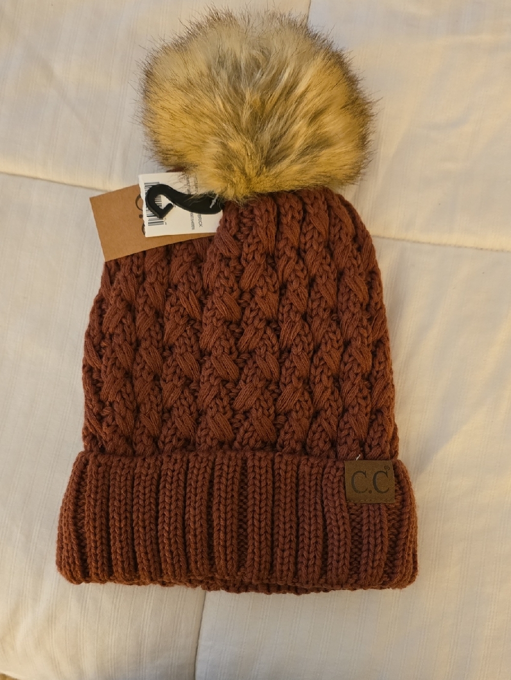 C.C Cable Knit Beanie with Faux Fur Pom - Rust